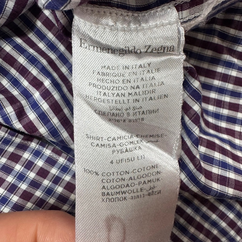 Ermenegildo Zegna Gingham Button Down Shirt Men's XL Burgundy Italy Cotton - Picture 8 of 9